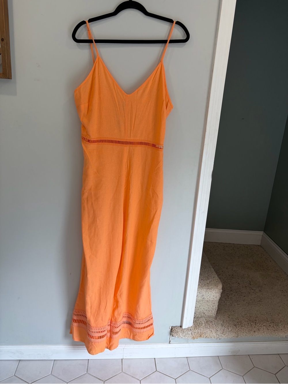 BCBG Bright Cantelope Orange Spaghetti Strap Linen WideLeg Jumpsuit NWT size L